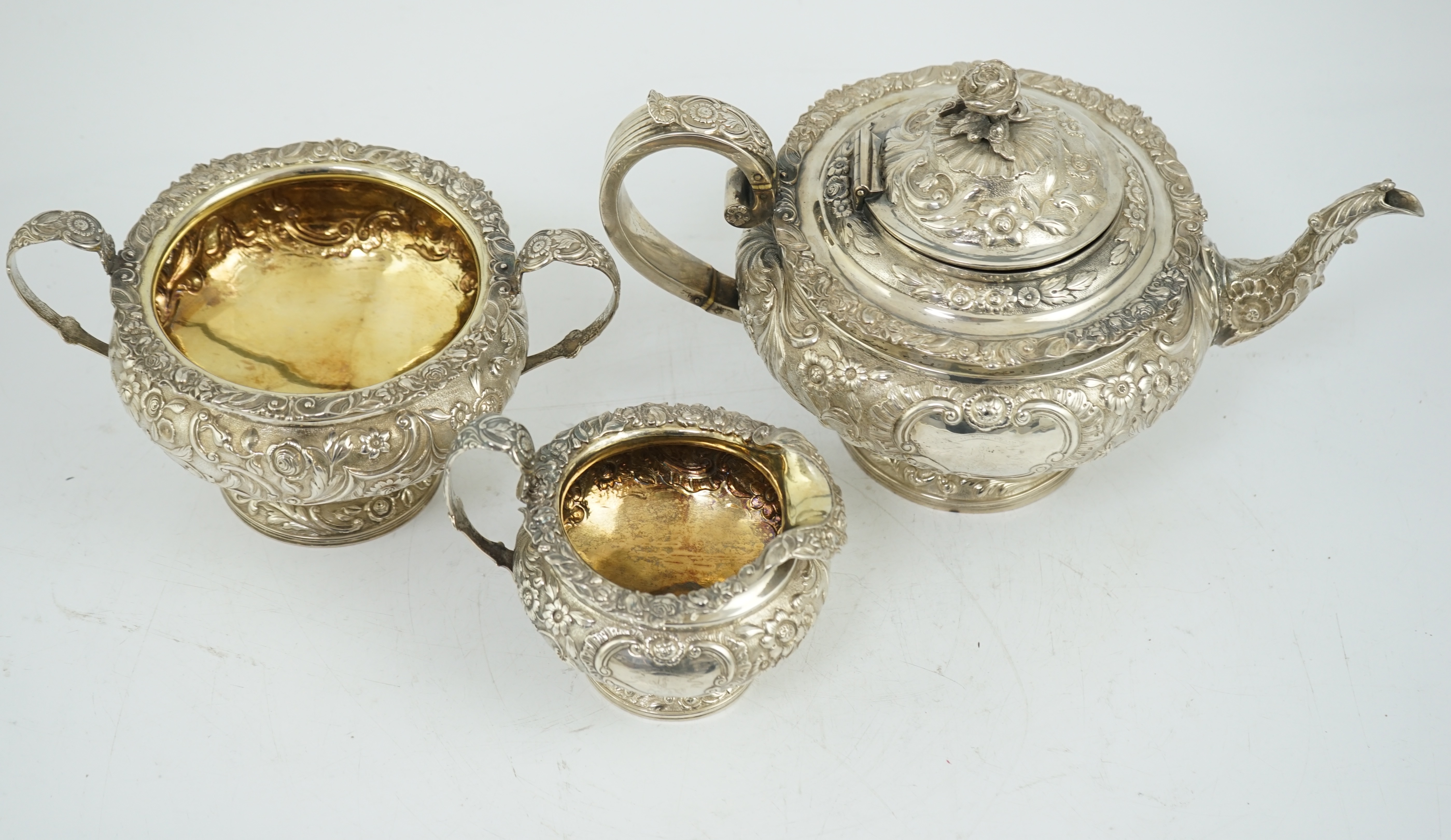 A George IV Scottish silver three piece pedestal tea set, by Peter Aitken I, CITES submission reference:T4BKA65U